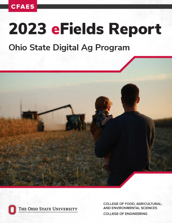 report cover with image of a person holding a child and looking at machinery harvesting grain in the field