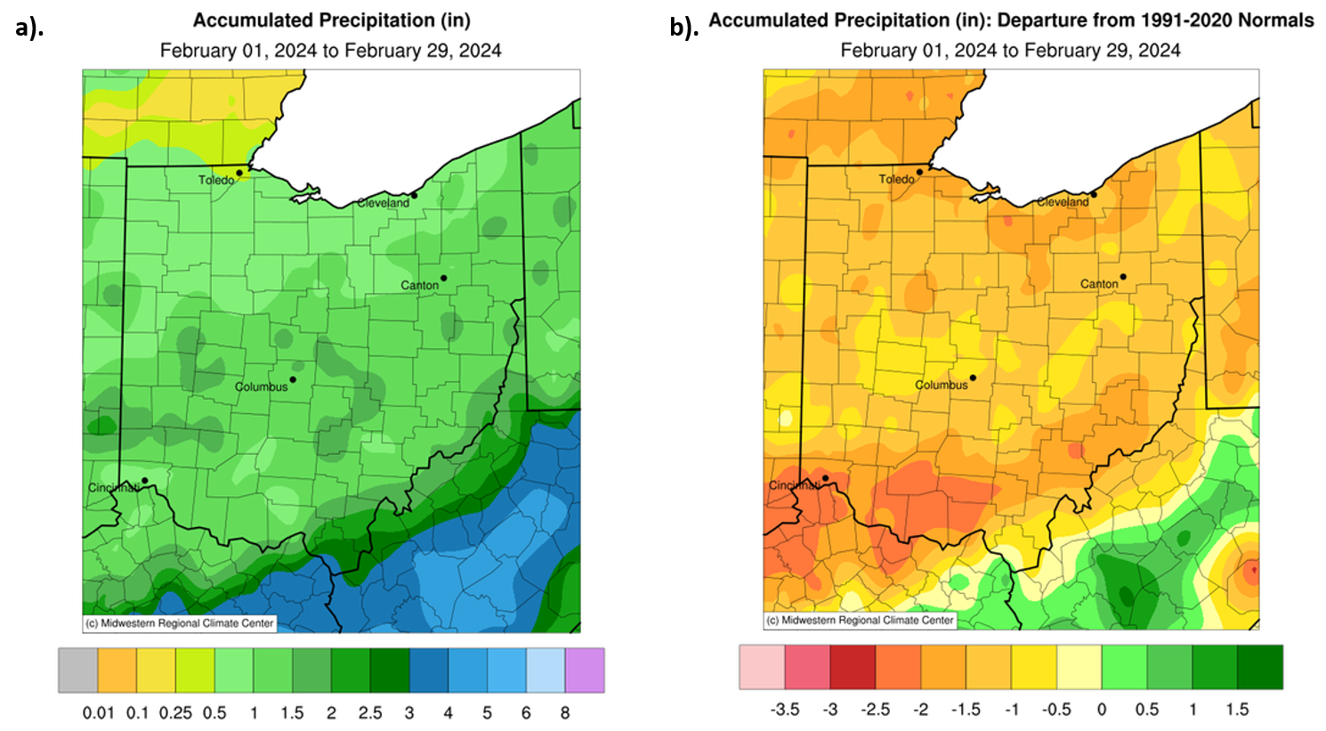 Accumulated precipitation and accumulated precipitation departures for Ohio in February 2024.
