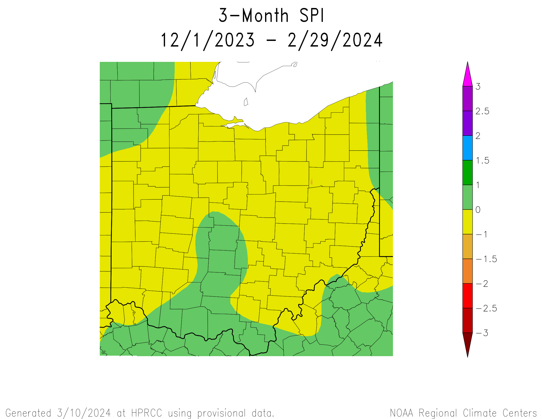 3-Month Soil Precipitation Index for Ohio from December 2023 through February 2024.