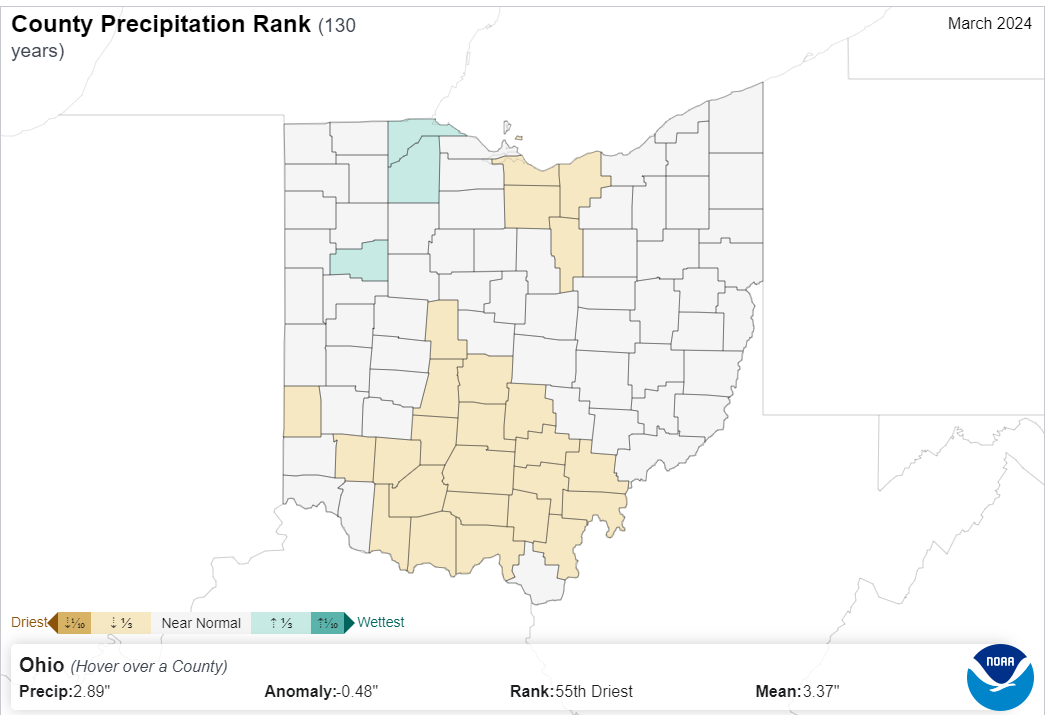 Precipitation rank by county in Ohio for March 2024.