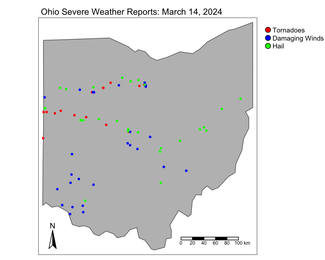 Ohio severe weather reports for March 14, 2024, including tornadoes, damaging winds, and hail.