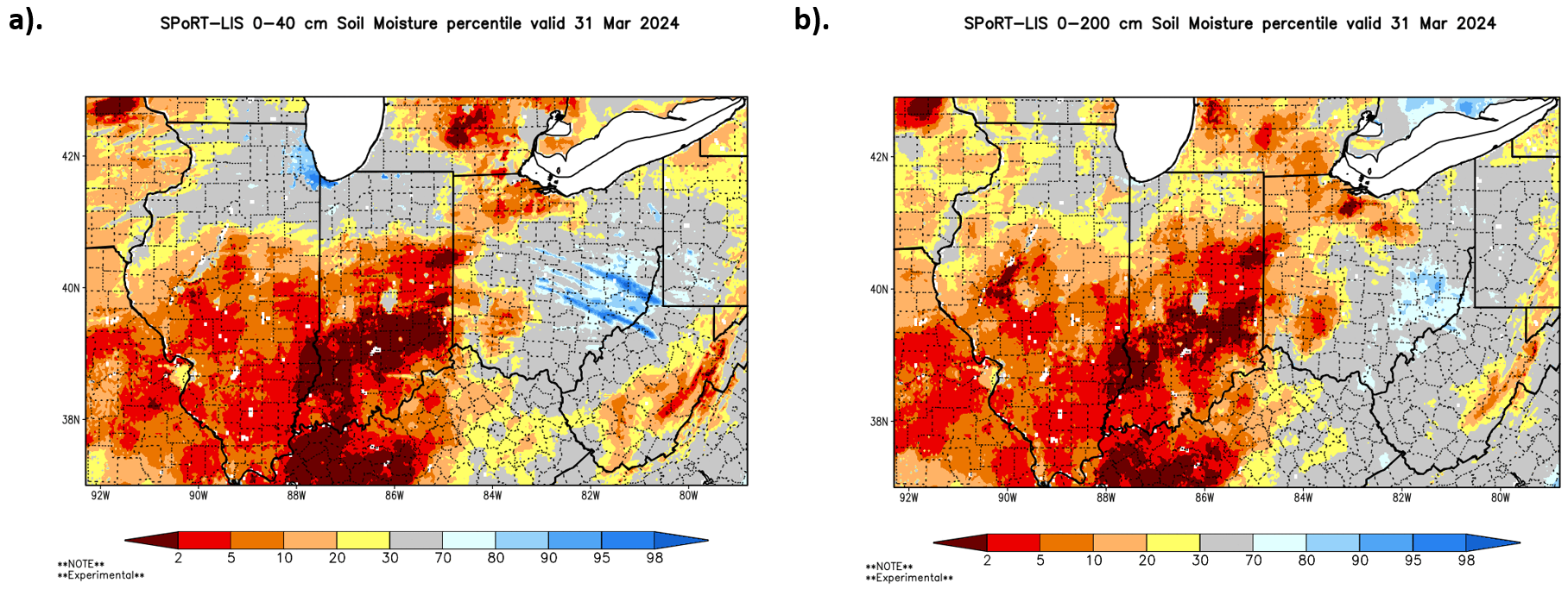 0-40cm and 0-200cm soil moisture percentiles in the Ohio Valley on March 31, 2024.