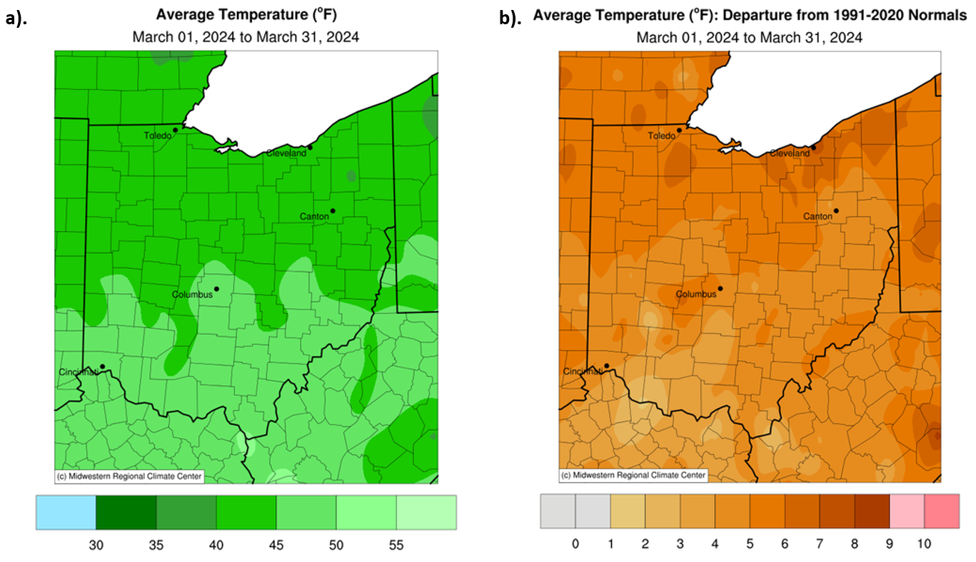 Temperature and temperature departures from normal for Ohio in March 2024.