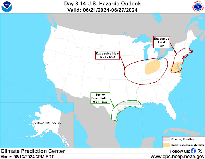 Map of the US, marked with areas of excessive heat and heavy precipitation from the Climate Prediction Center with surrounding lands and waters.