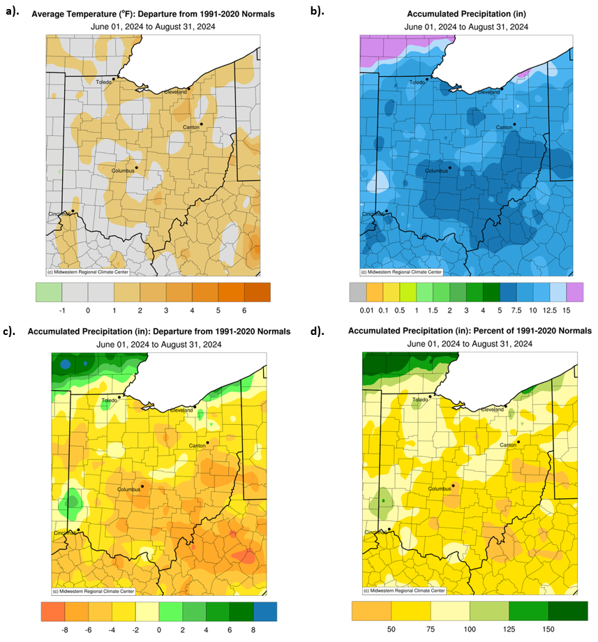 Map of departure from normal temperatures, map of accumulated precipitation, map of departure from accumulated precipitation, and map of precent of normal precipitation.