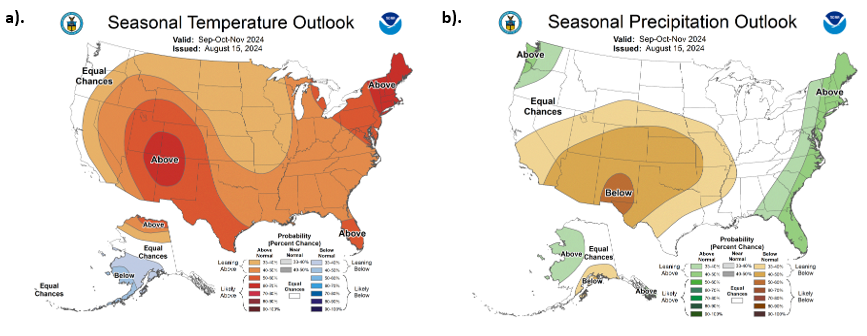 Maps of the seasonal temperature and precipitation outlook.