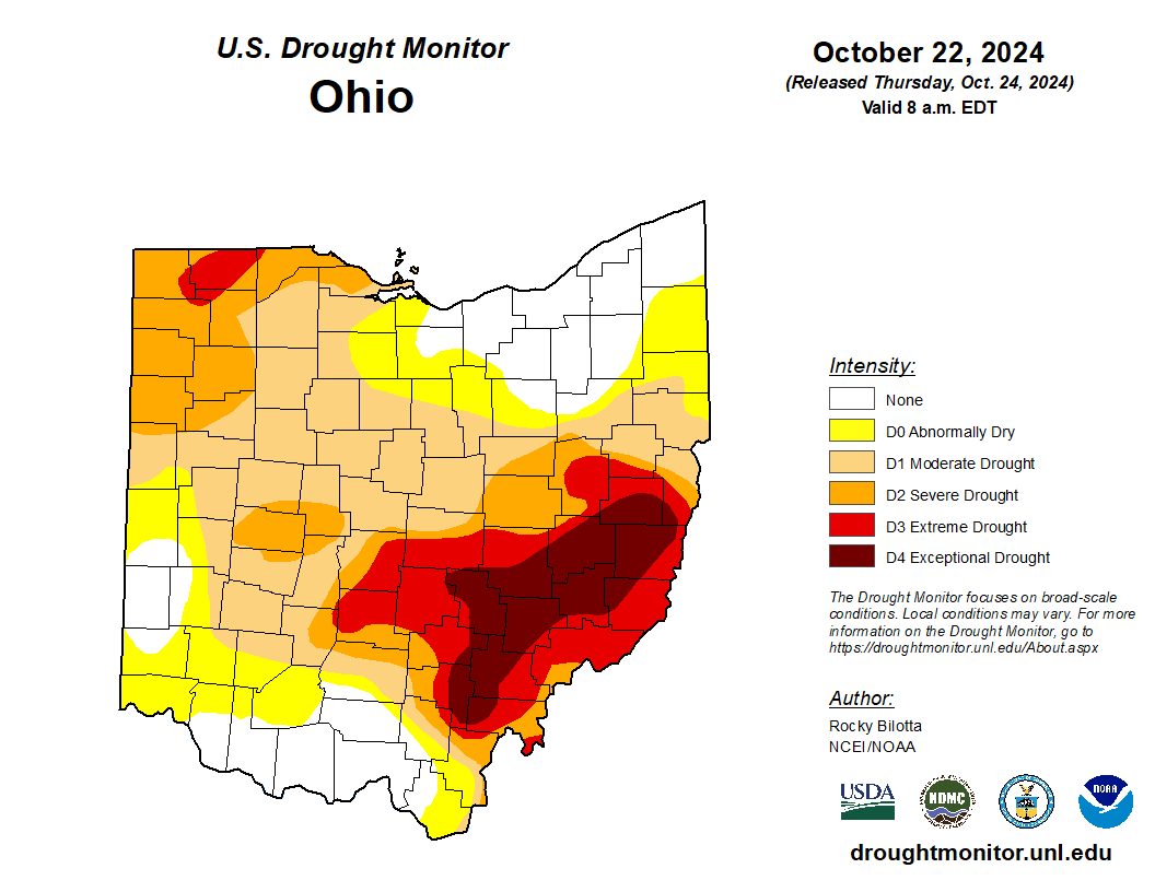 U.S. Drought Monitor map displaying current drought conditions across Ohio on 10/22/24.