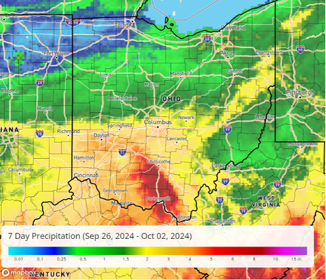 Map of precipitation in Ohio during hurricane helene