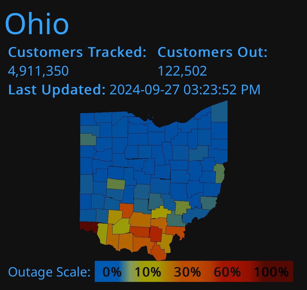 Map of power outages in Ohio