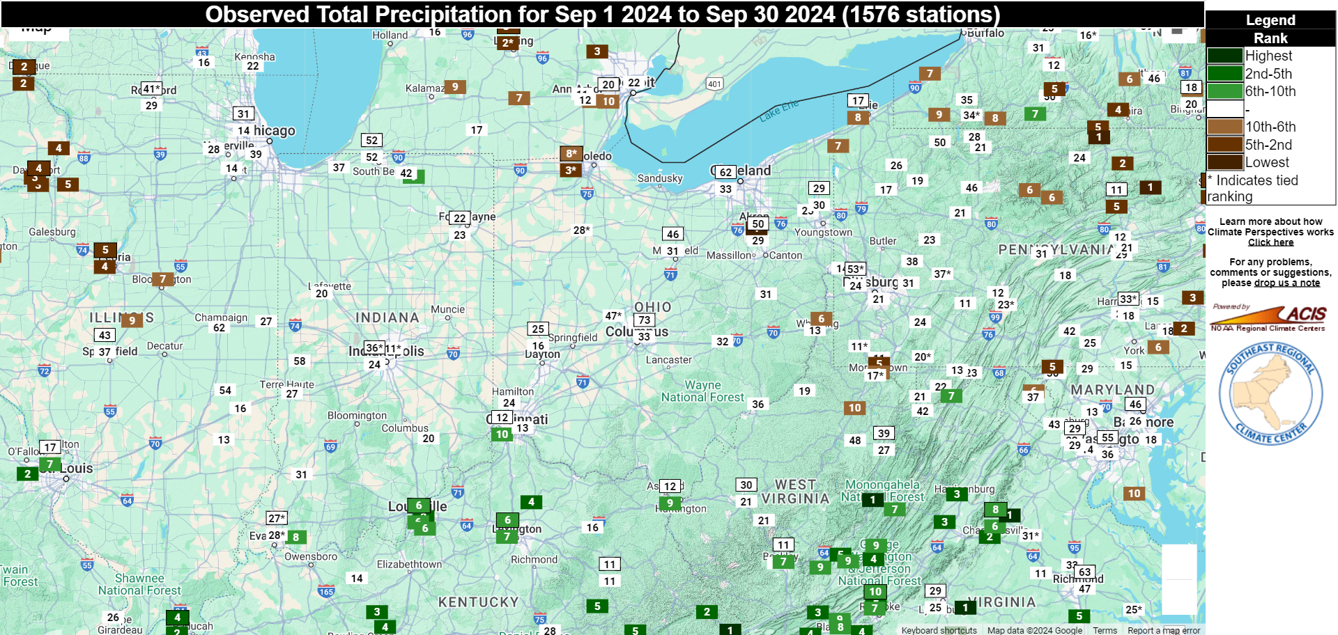 Map of station specific precipitation ranking