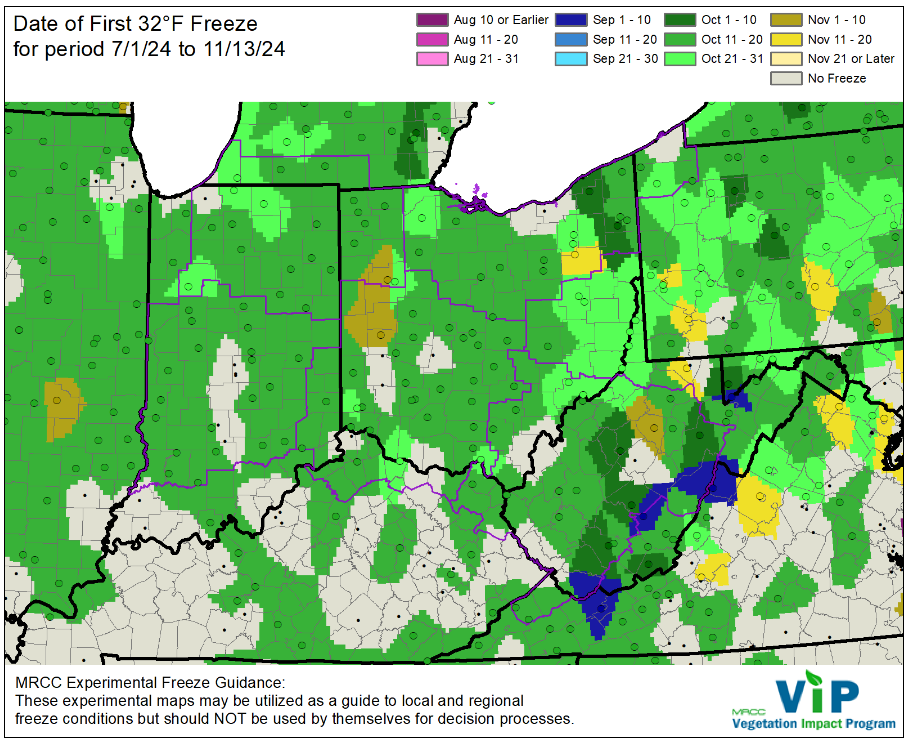 Map of first freeze at 32 degree