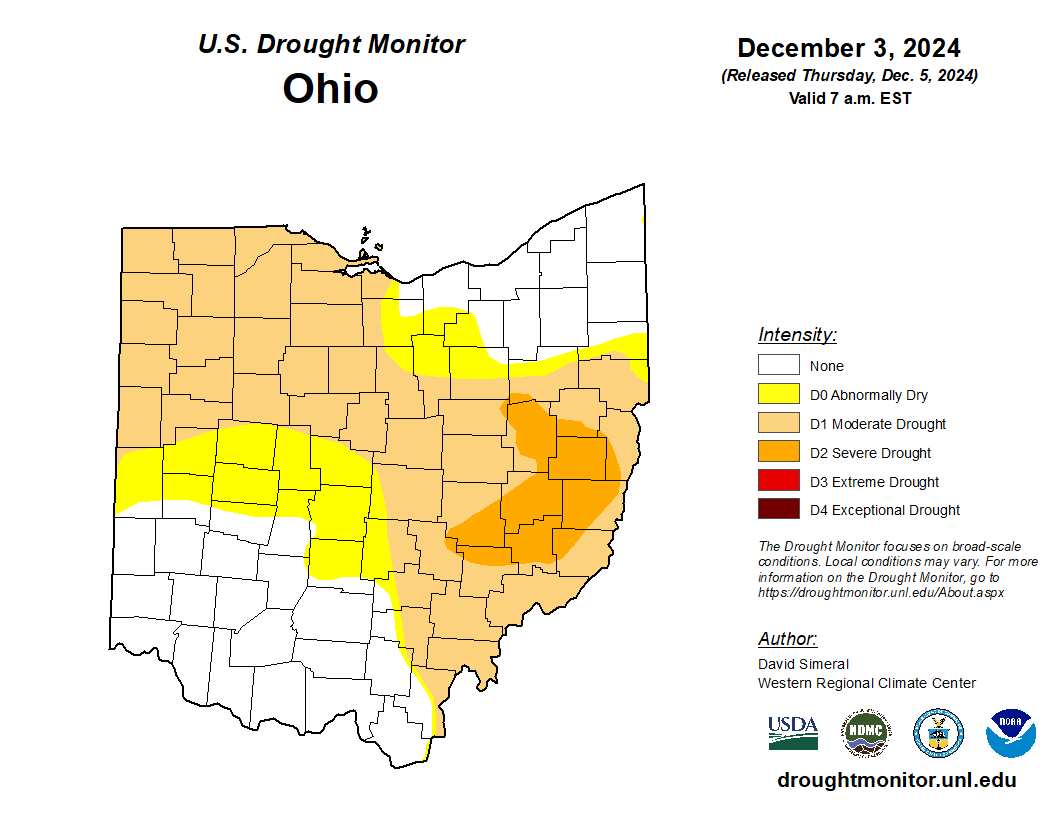 U.S. Drought Monitor map displaying current drought conditions across Ohio on 12/03/24.