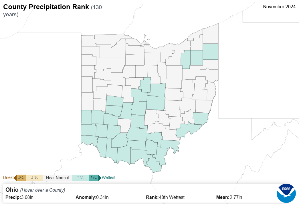 Map of county precipitation rankings