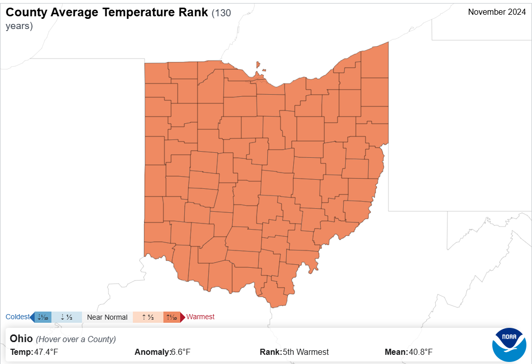 Map of county temperature ranks