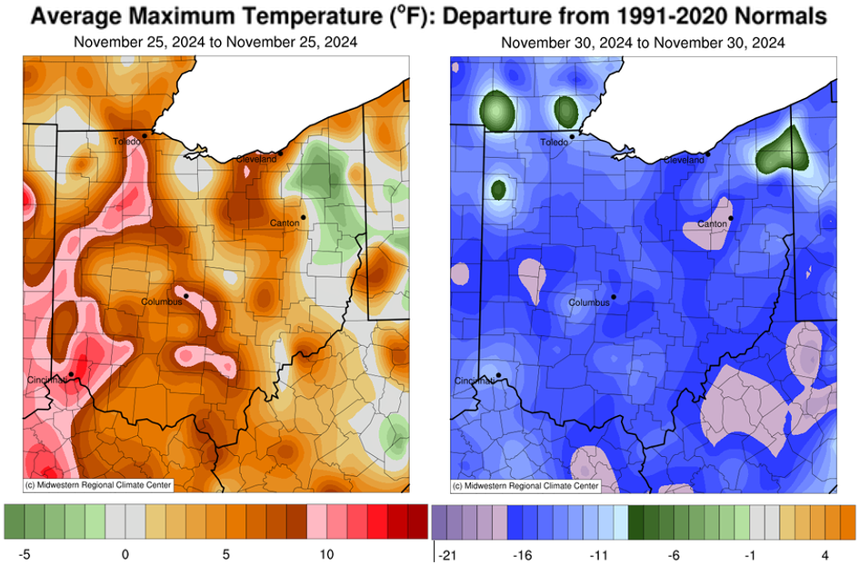 Maps comparing temperature maximums over two days