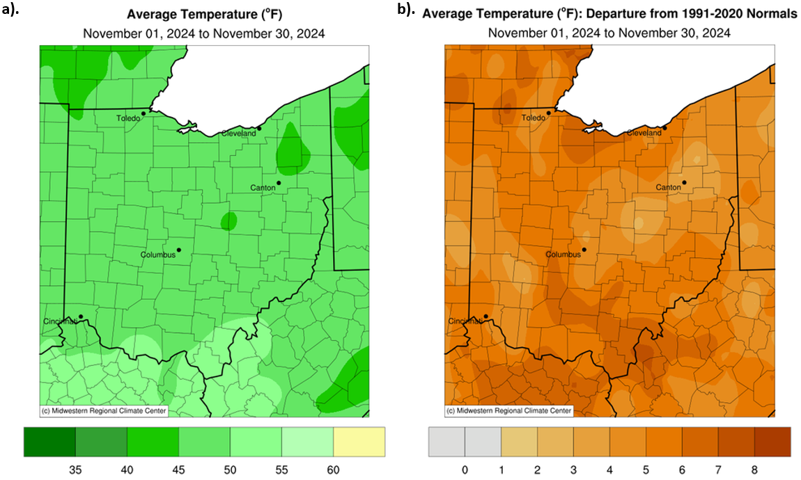 Maps of temperature and departure from normal temperature