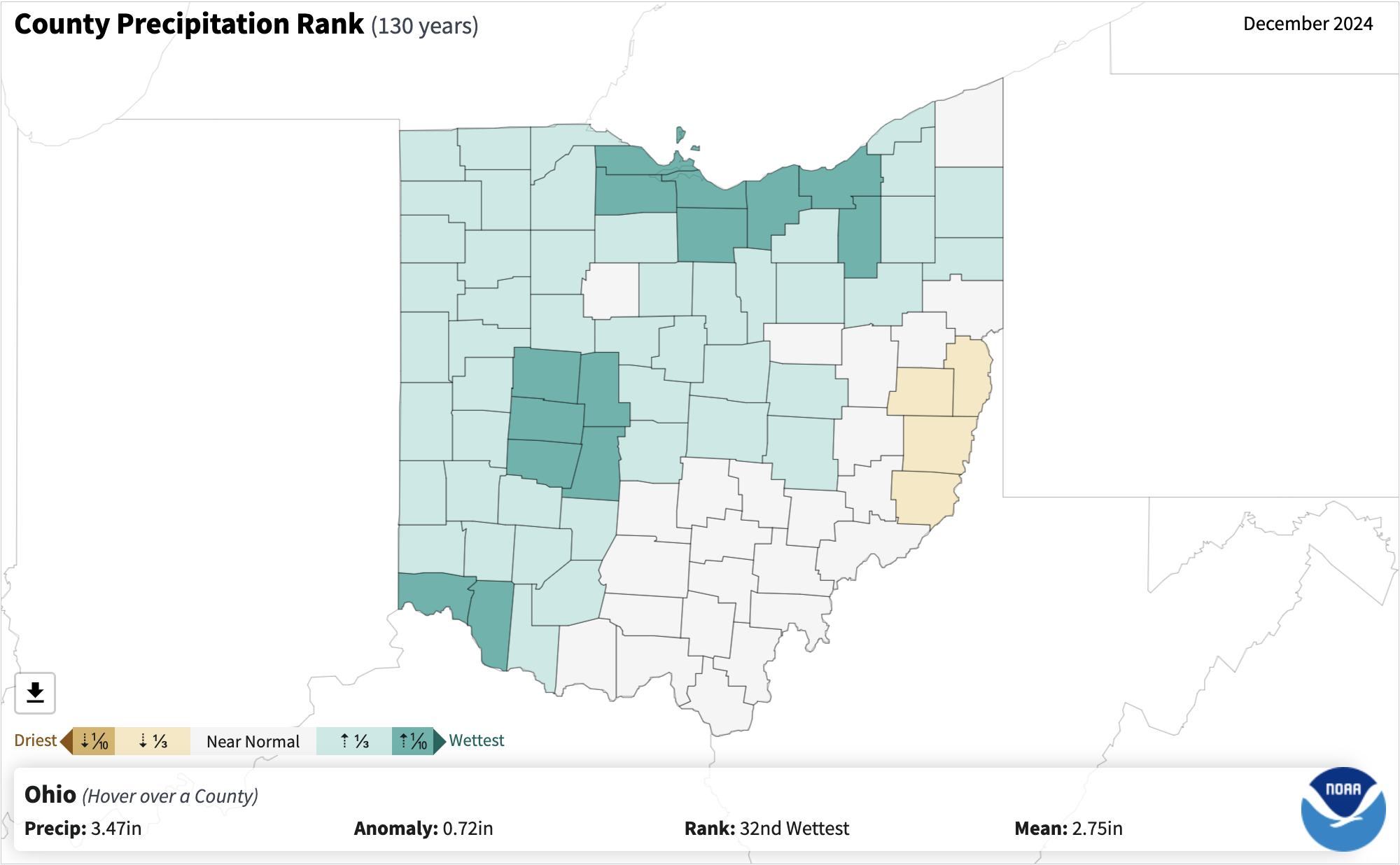 County level precipitation ranks for the state of Ohio in December 2024.