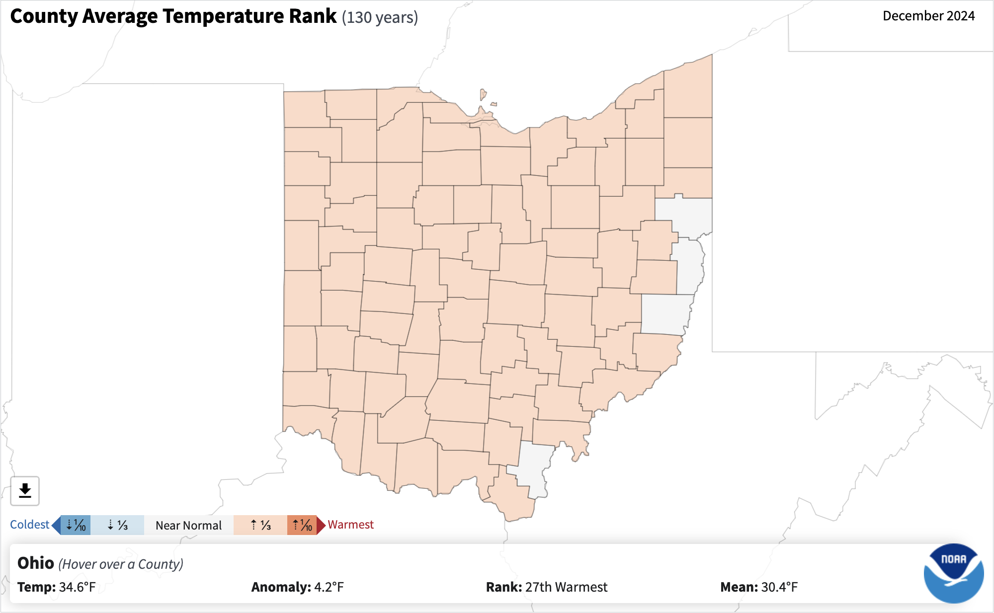 County level average temperature ranks for the state of Ohio in December 2024.