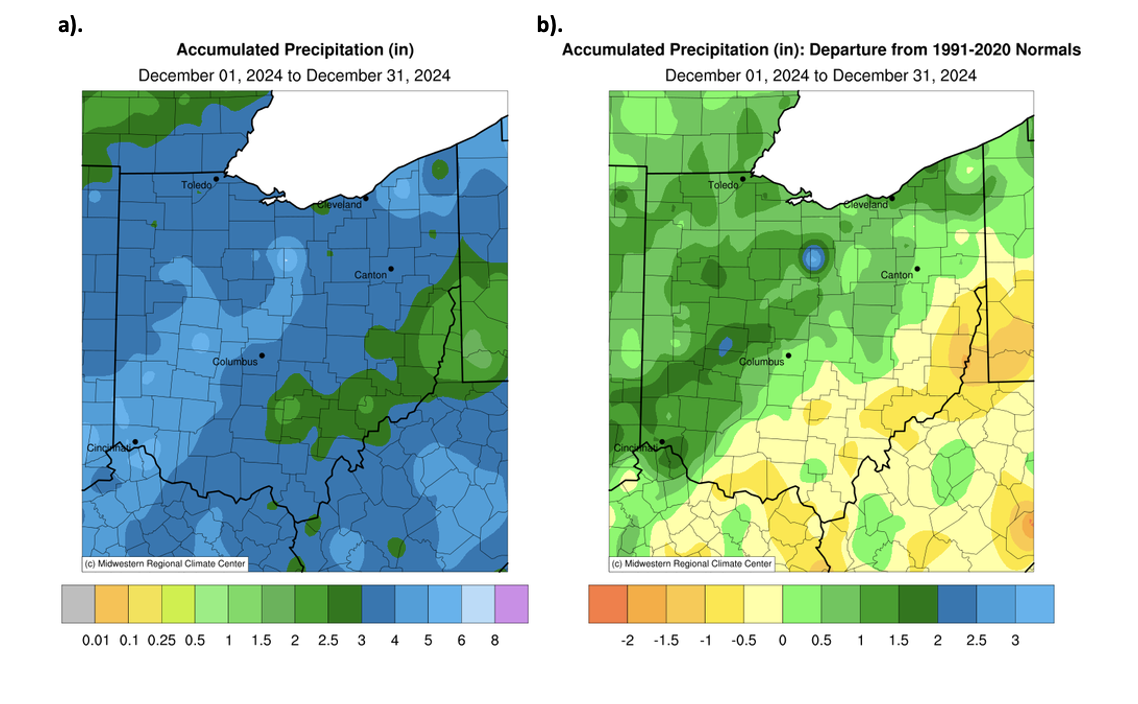 Accumulated precipitation and departures from normal for Ohio for December 2024