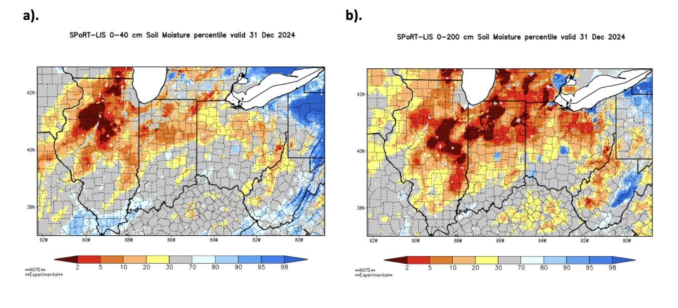 Soil moisture percentile maps for the Ohio Valley for December 2024