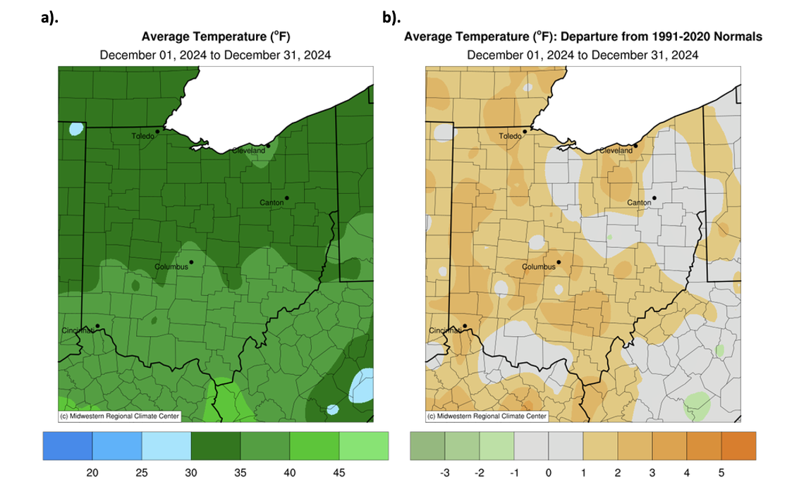 Average temperature and departures from normal for Ohio for December 2024