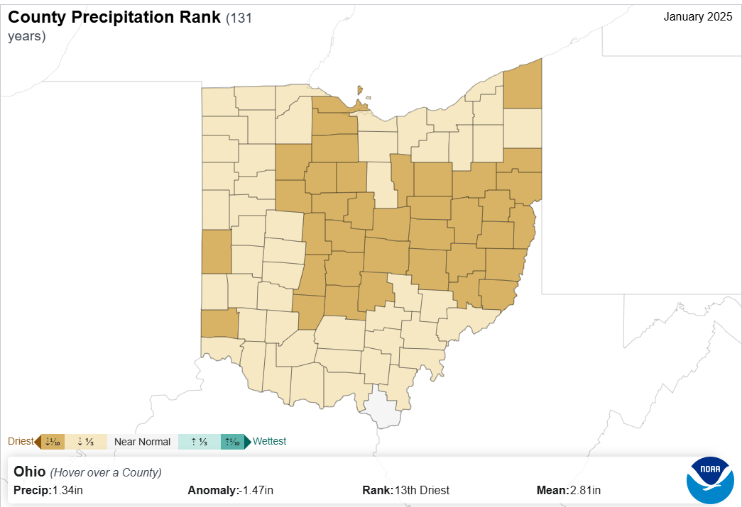 Map of county precipitation rankings.