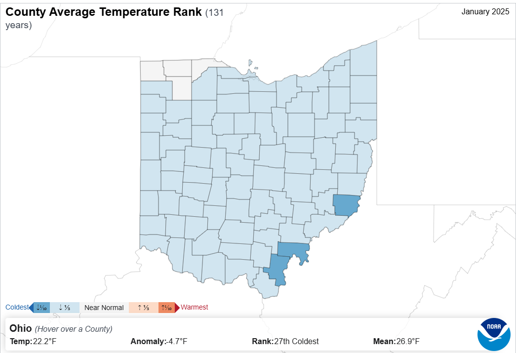 Map of county temperature rankings.