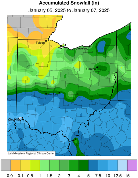 Map of snowfall in Ohio between Jan 5-7