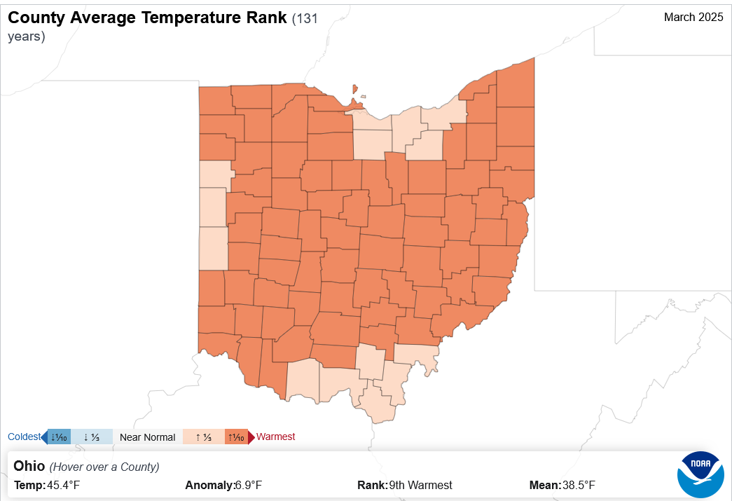 Map of county temperature rankings