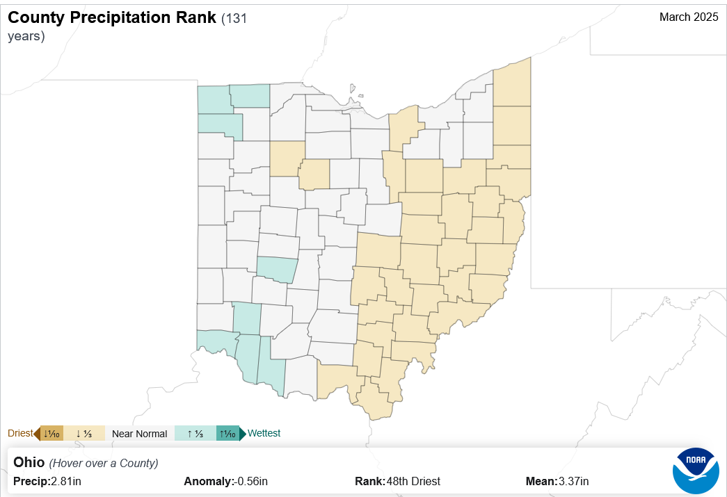 Map of county precipitatoin ranks in Ohio