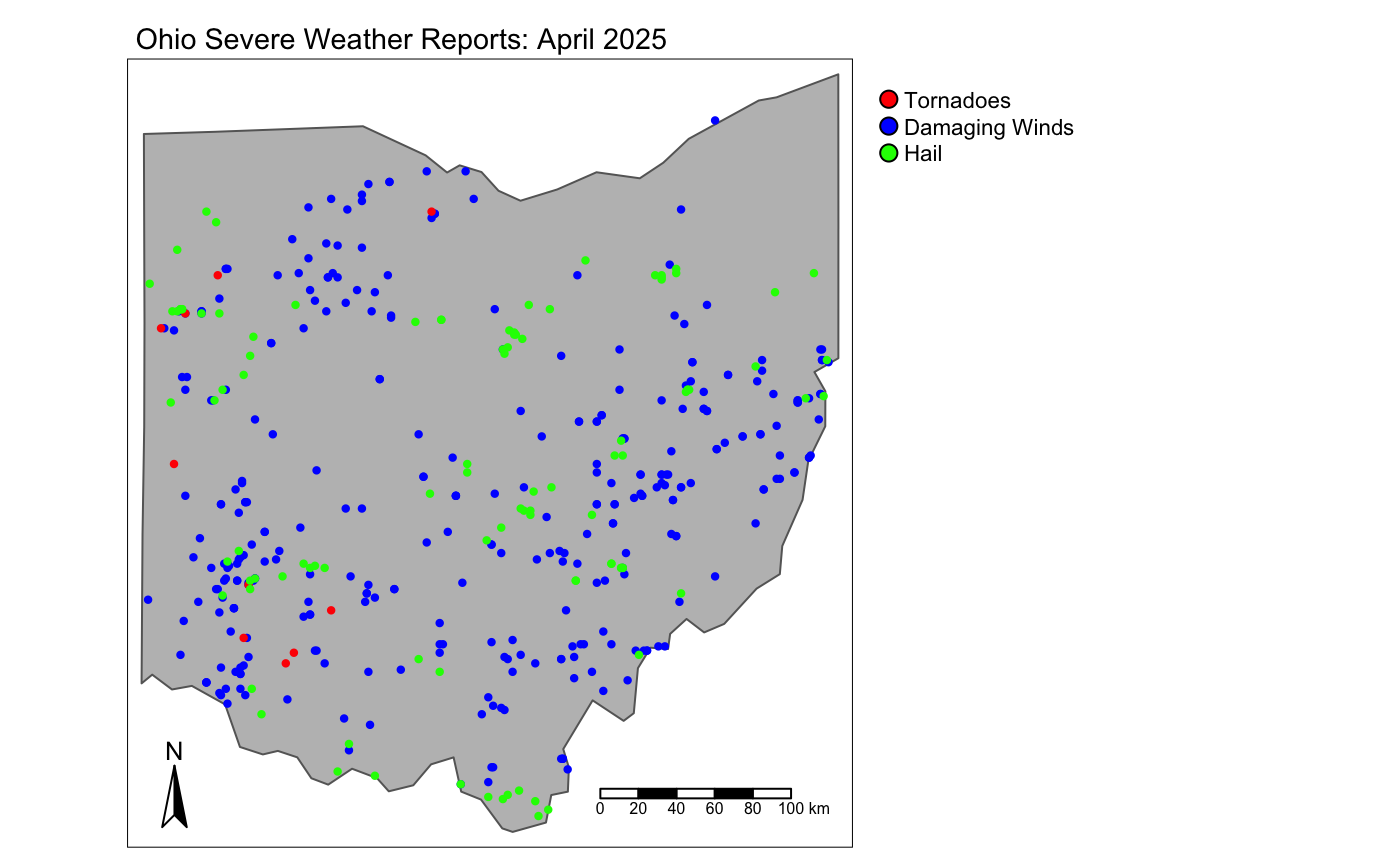 Dot plot of wind, hail, and tornado reports in Ohio in April 2025