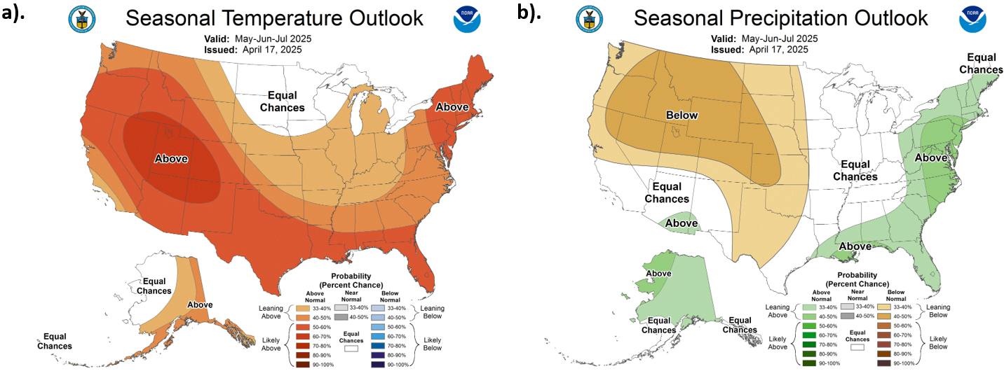 Seasonal Temperature (left) and Precipitation (right) outlooks for the U.S. for May-July 2025