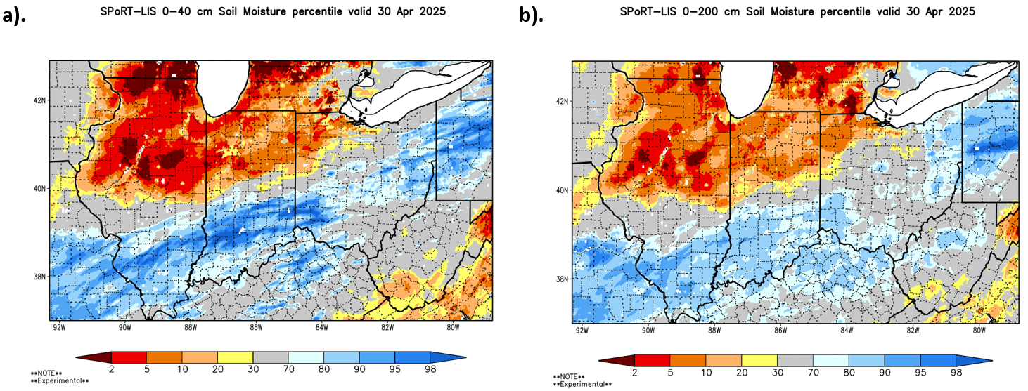 Soil moisture percentile maps for the Ohio Valley for April 2025