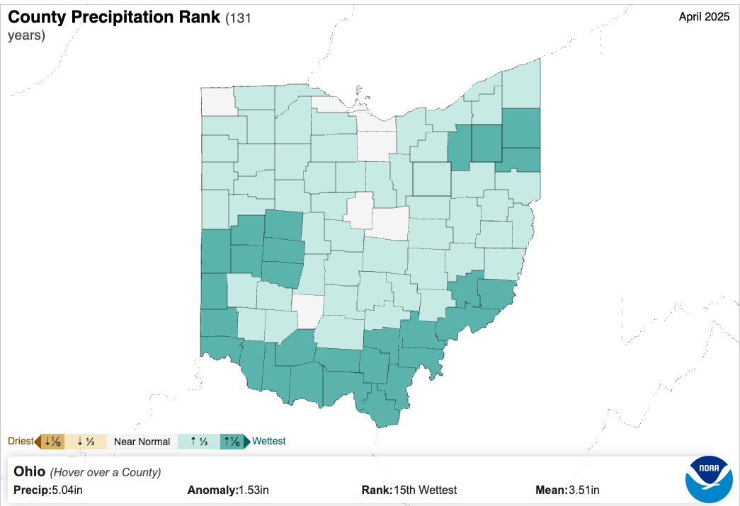 County rankings for precipitation in Ohio for April 2025