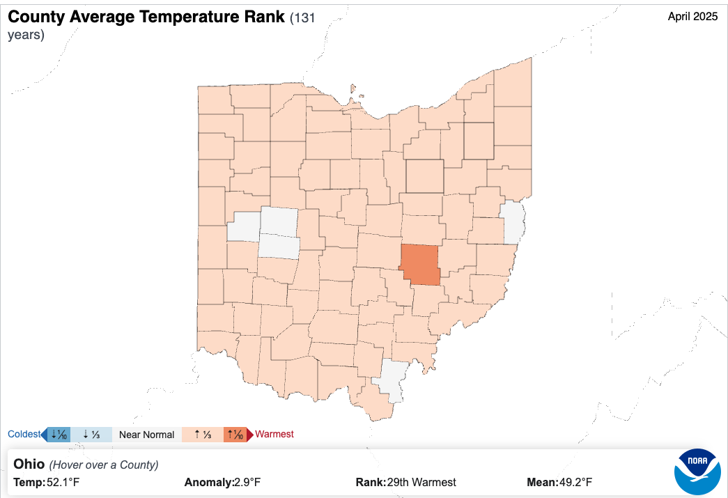 County rankings for temperature in Ohio for April 2025