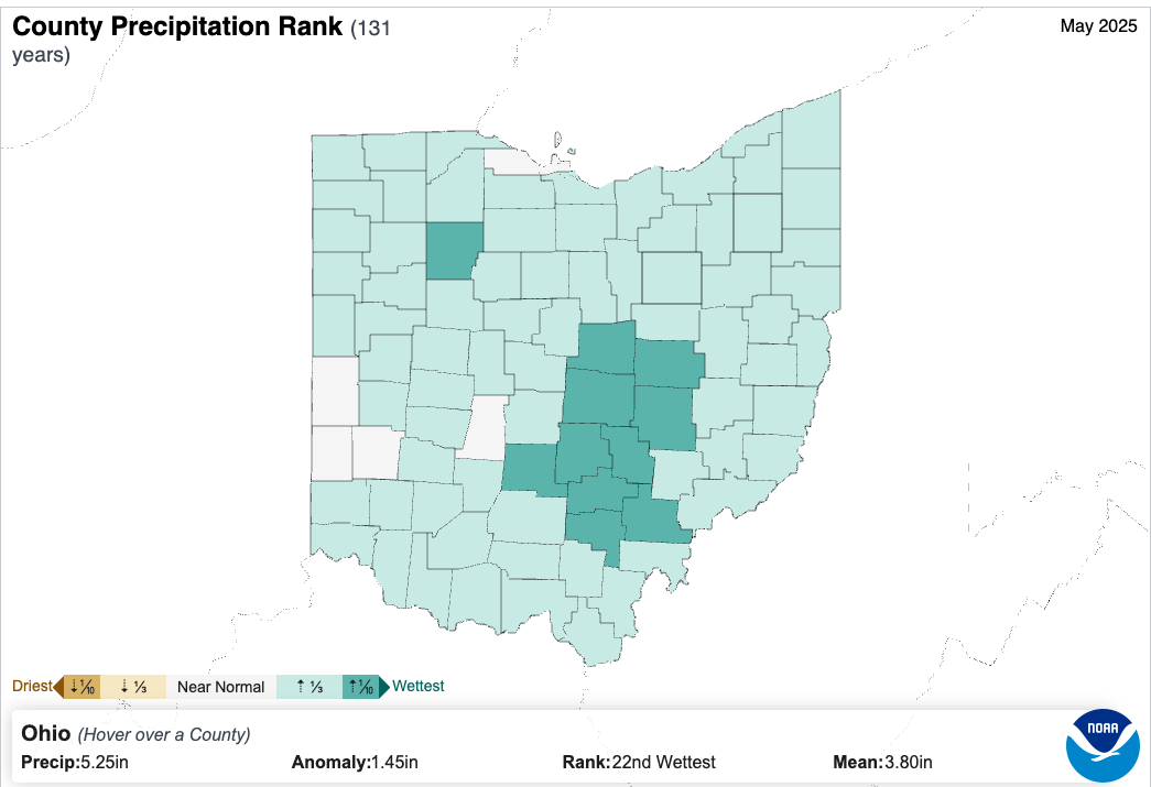 Map of precipitation rankings in ohio based on counties