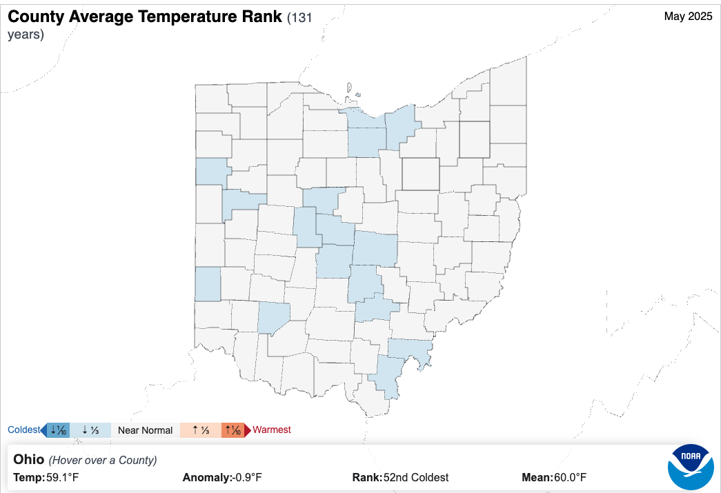 Map of temperature rankings in ohio based on county