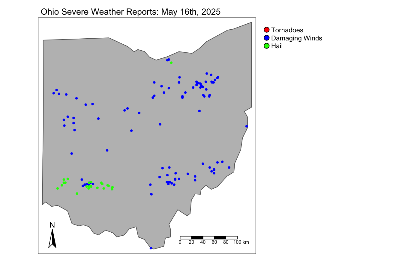 Map of local storm reports in Ohio