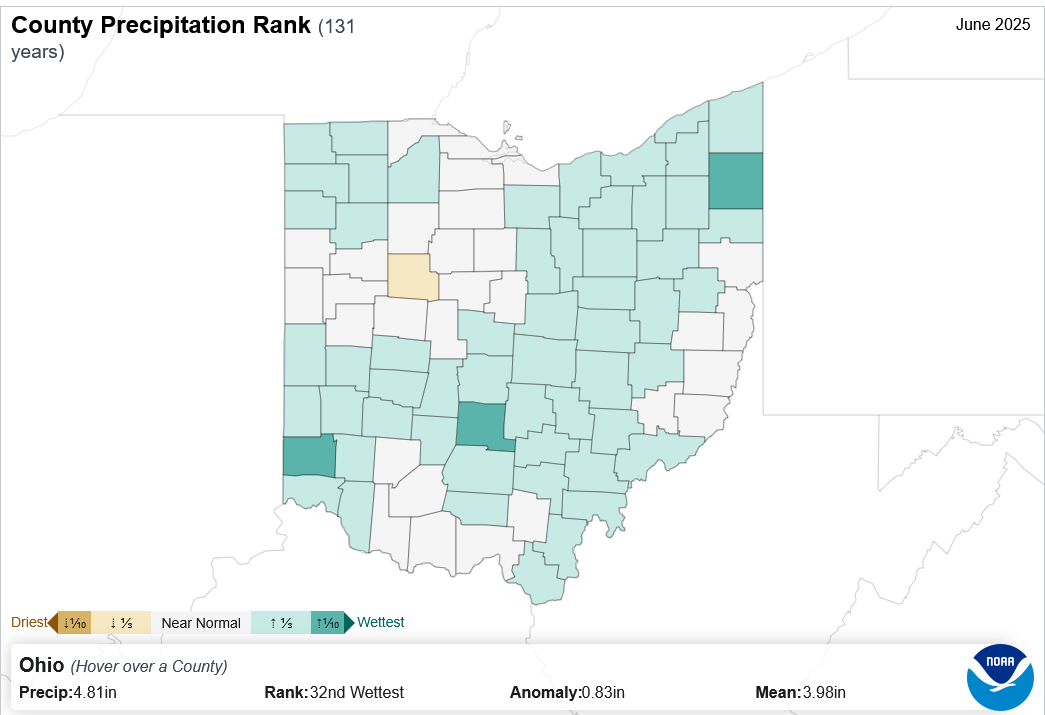 Map of counties in ohio ranked by precipitation