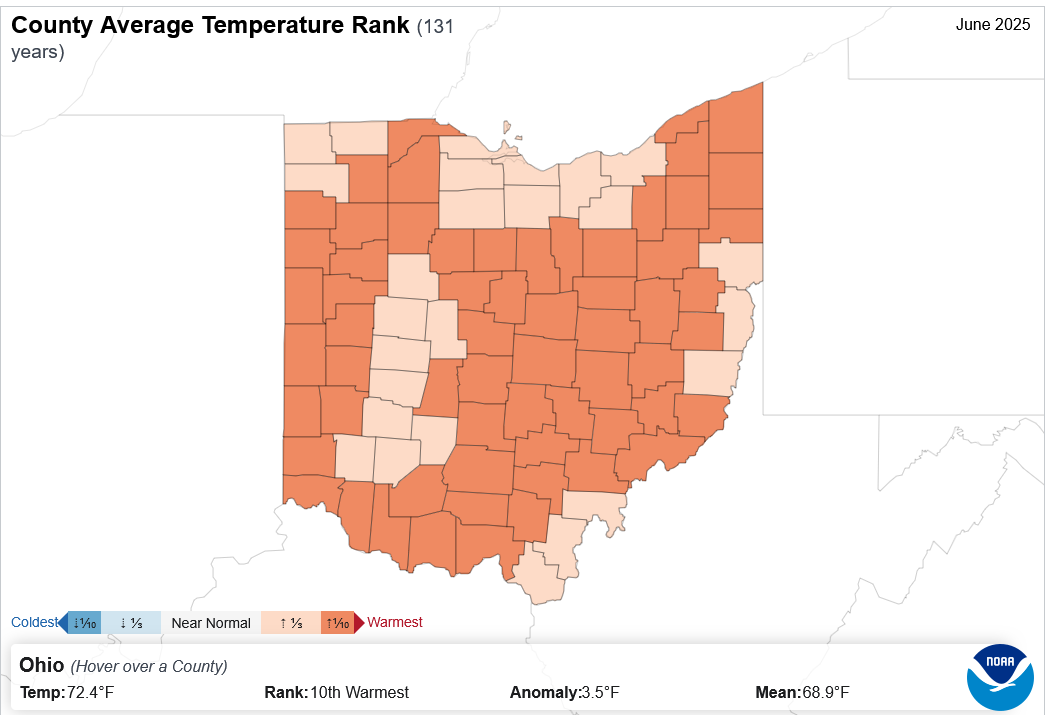 Map of ohio counties ranked by temperature