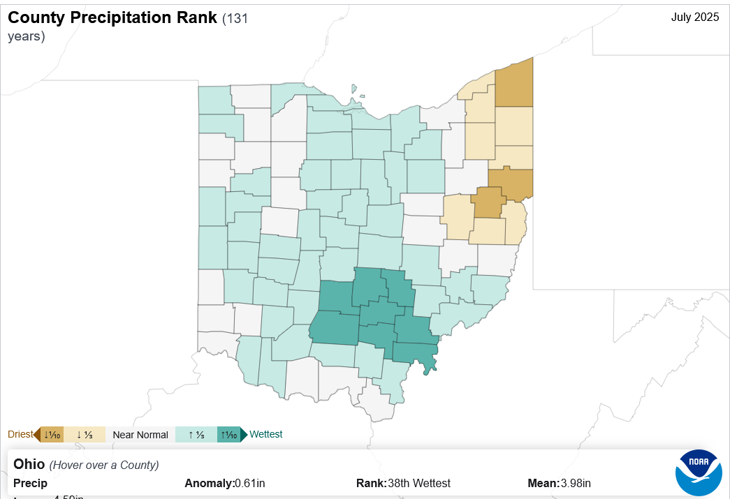 Map of county precipitation rankings