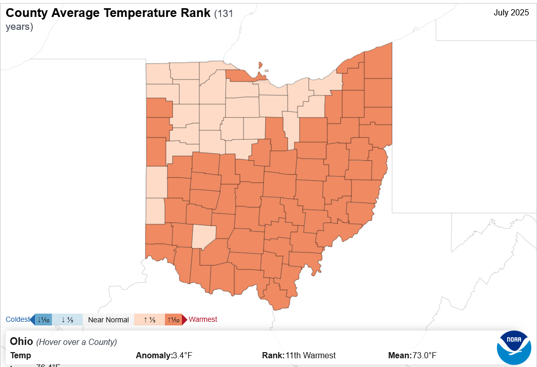 Map of county temperature data in Ohio
