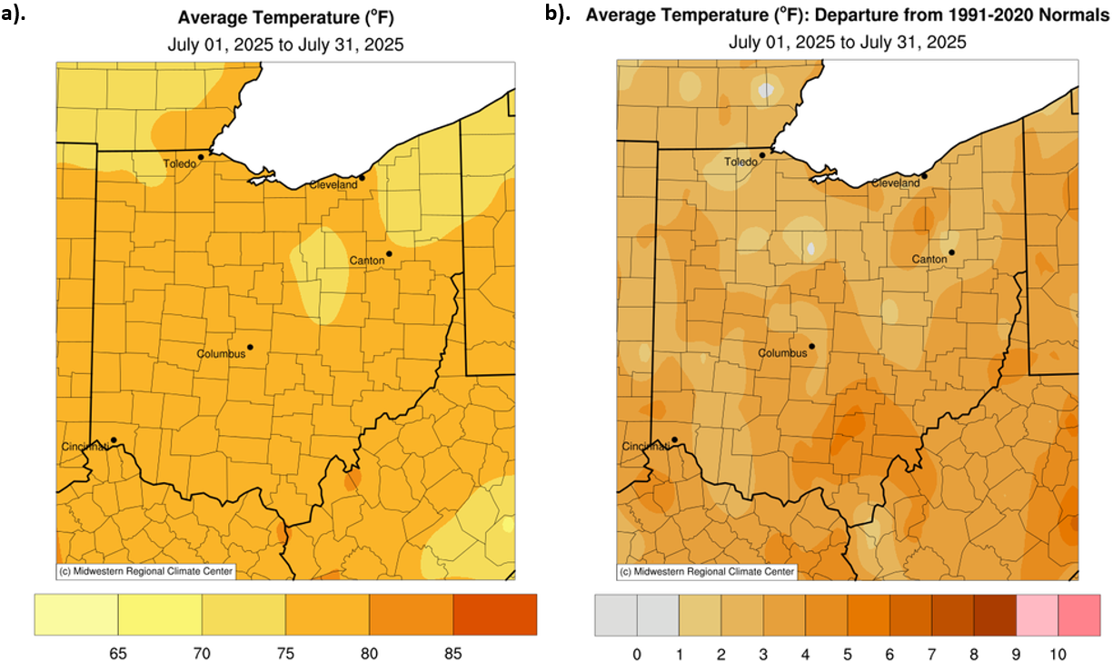 Maps of temperature and departure from normal temperatures
