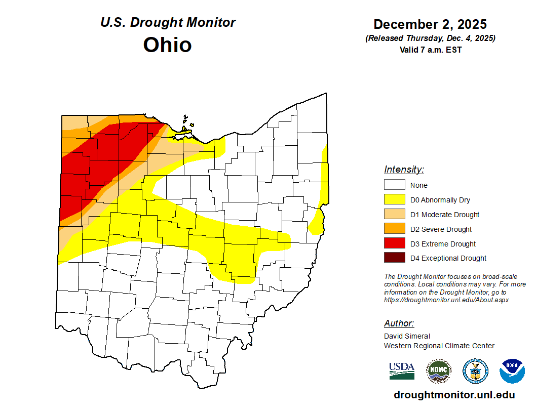 Map of Ohio with the U.S. drought monitor data. 