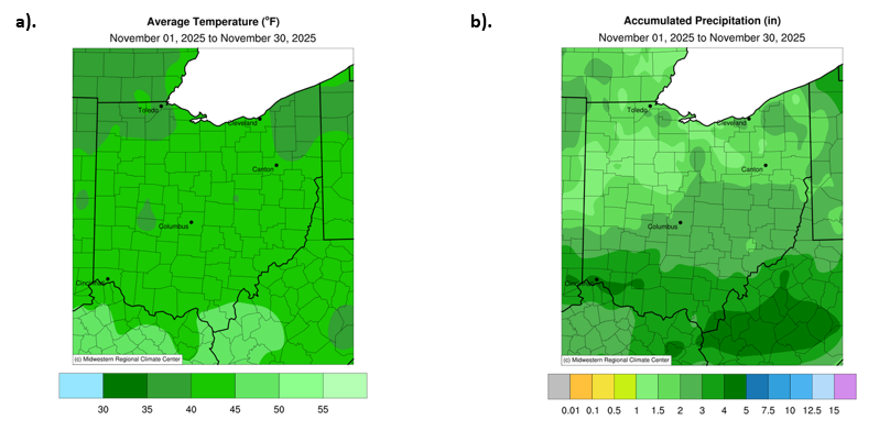 Map of Ohio with average temperature and accumulated precipitation.
