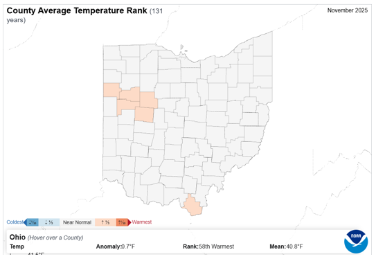 Map of Ohio with county temperature rank.