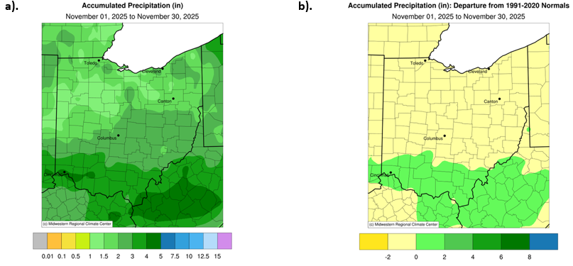 Map of Ohio with accumulated precipitation and departure from normal for precipitation.