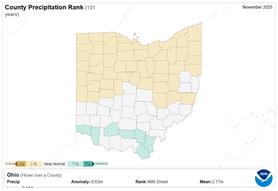 Map of Ohio with county precipitation rank.