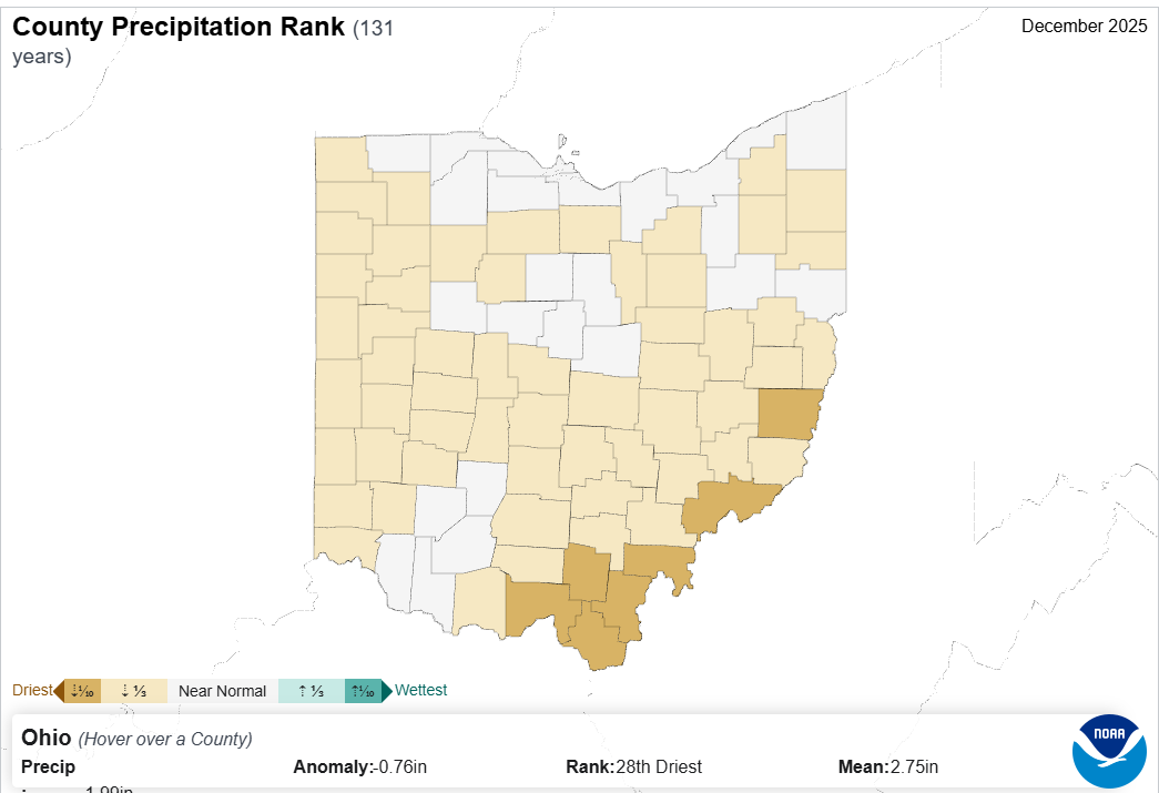 Map of Ohio with county precipitation rank.