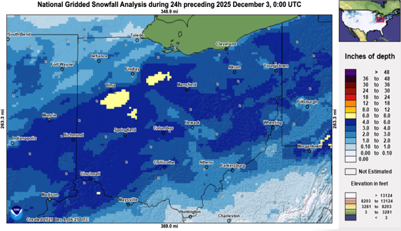A map of the snow fall totals in Ohio.